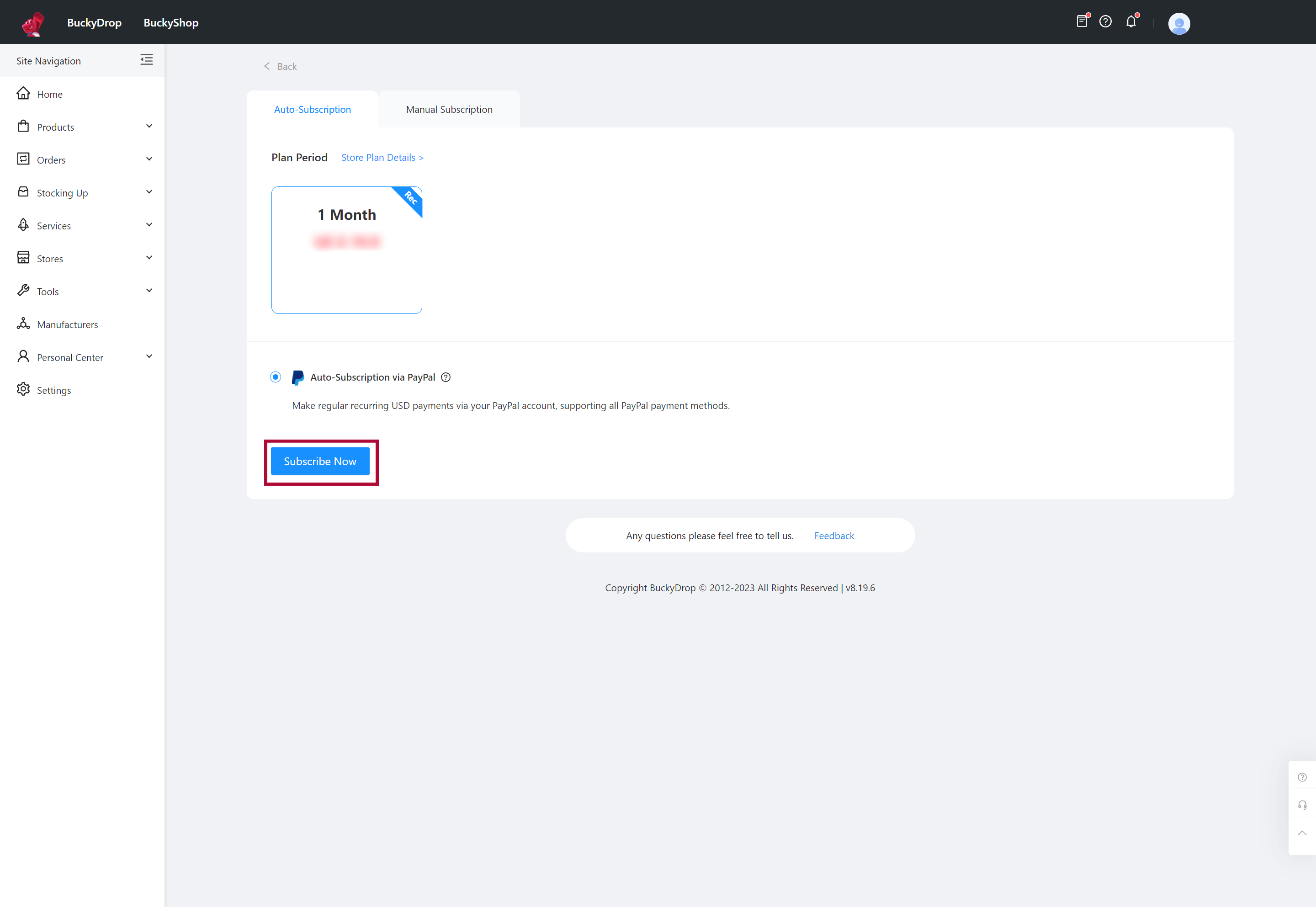Congratulations on successfully creating your BuckyShop store! Click "Subscribe Now" to proceed with the payment and complete the subscription. 1