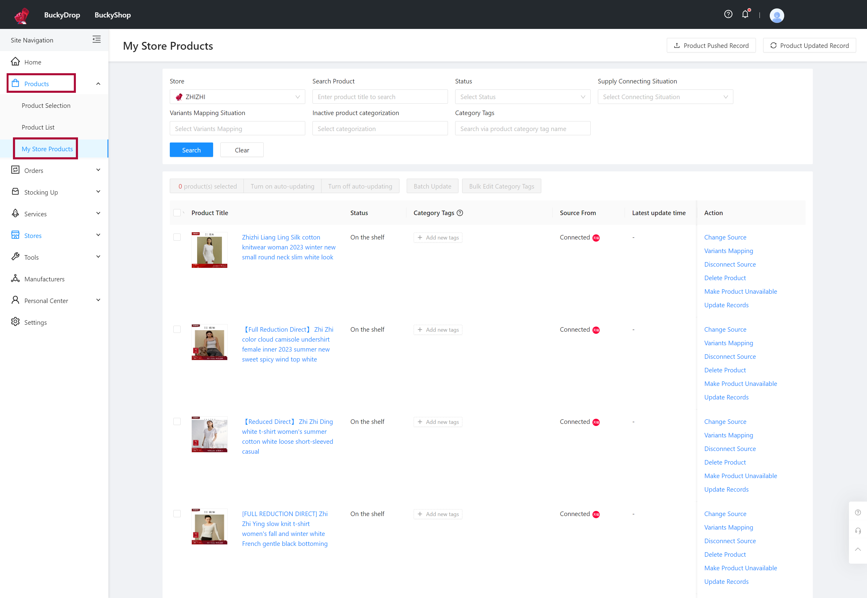 After completing the product pushing, you can view the pushed products in the "My Store Products". Additionally, you can enable automatic updating of store products here, and remember to navigate to the "Settings" page to enable the product update functionality. This ensures that the product information in your store remains accurate and up to date. You can also find this product in the "Products" > "All Products" of the BuckyShop admin. 0