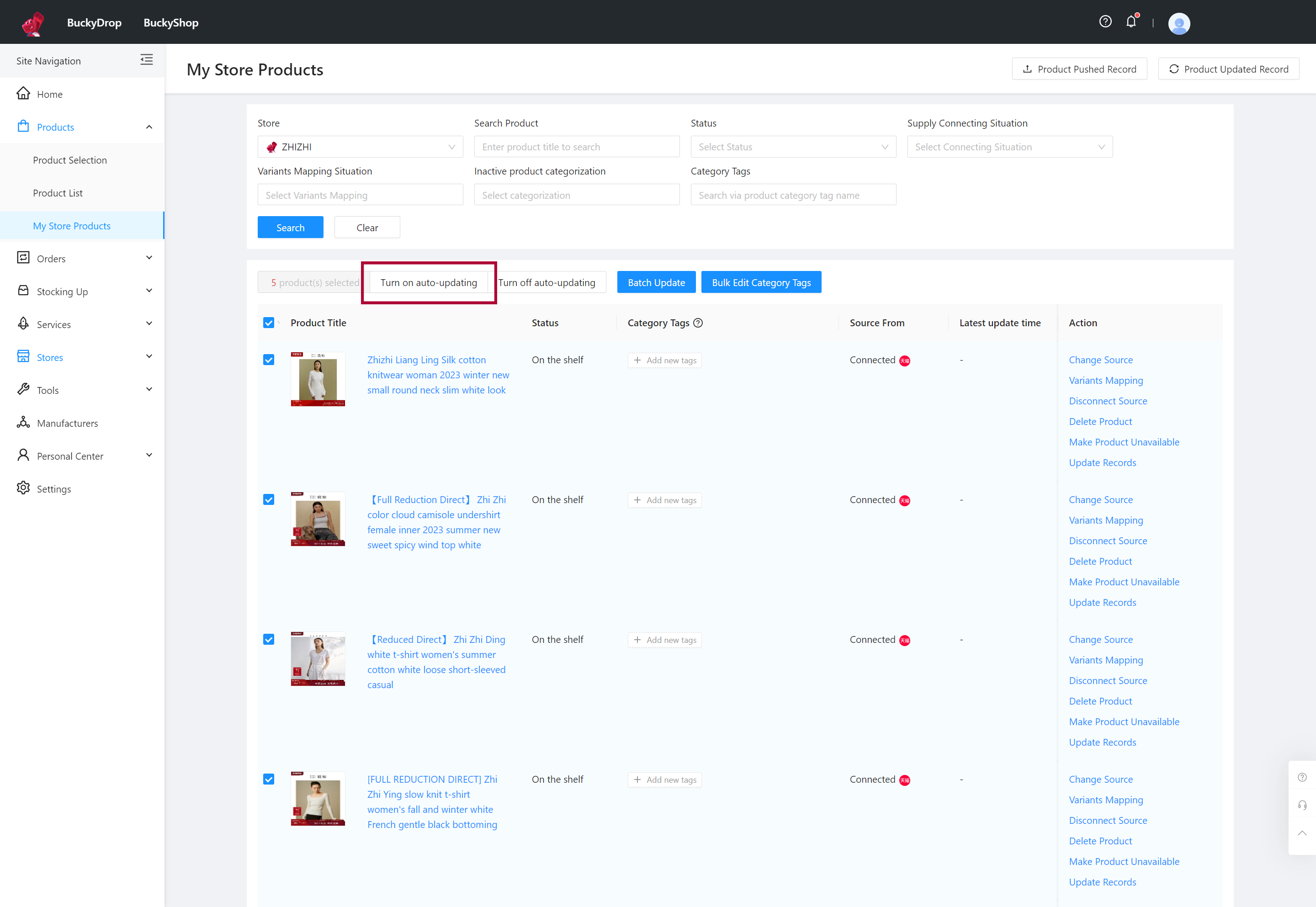 After completing the product pushing, you can view the pushed products in the "My Store Products". Additionally, you can enable automatic updating of store products here, and remember to navigate to the "Settings" page to enable the product update functionality. This ensures that the product information in your store remains accurate and up to date. You can also find this product in the "Products" > "All Products" of the BuckyShop admin. 1