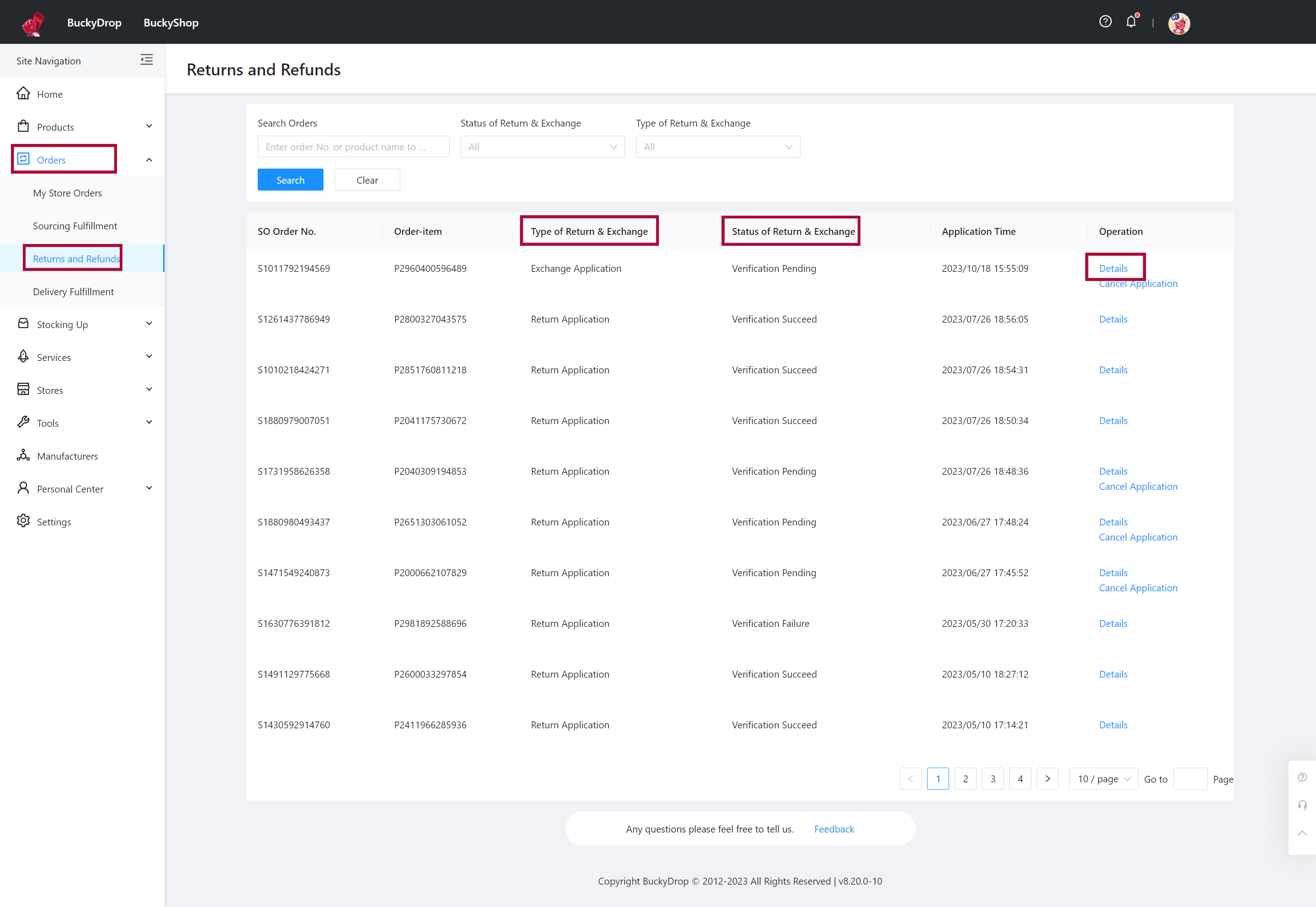 Go to Orders > Returns and Refunds. Here, you can track the resolution of issues related to purchased products and view all return/exchange order details and progress. 0