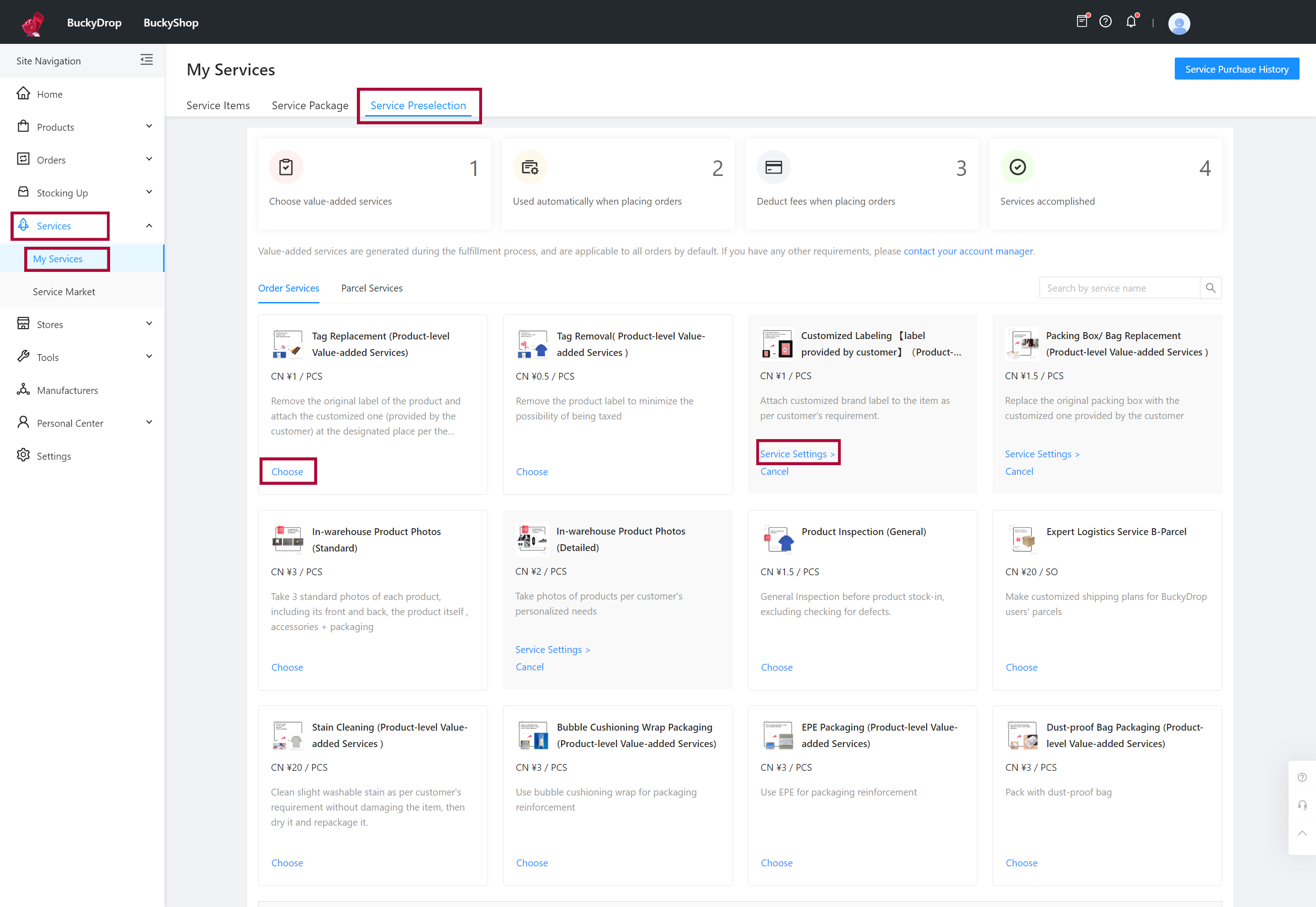Go to Services > My Services > Service Preselection. Here, you can select services to be automatically applied to purchase orders and packages. You can also set specific stores or products where the service should not be applied. 0